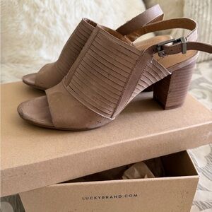 Lucky Brand Taupe Open-Toe Slingback Block Heel Sandals